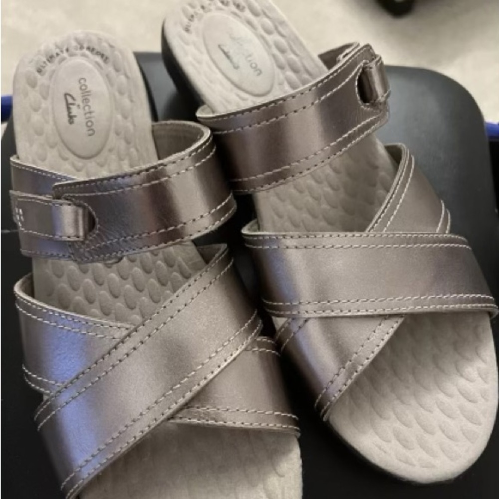 Clarks Alexis Shine Flat Sandals Silver
